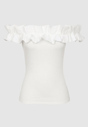 Witte off-shoulder top van ribbelstof, met een gerimpelde halslijn en een getailleerde silhoët. Eenvoudige en gladde textuur.