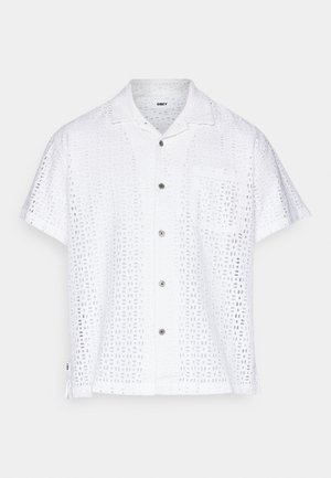 Short-sleeve white shirt featuring a textured pattern, button front, and chest pocket. Fabric is lightweight with a breathable design.