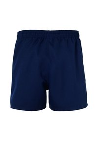Marineblauwe sportshorts met een elastische tailleband, een gladde textuur en geen zichtbare zakken of patronen. Eenvoudig ontwerp, lichtgewicht stof.