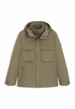 Olive green insulated jacket with a removable hood, two large front pockets, zippered side pockets, and snap-button closure. Smooth texture.