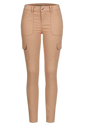 Vaaleat beige cargo-housut, joissa on lihavoitu malli, kahdella sivutaskulla, vetoketjulla varustetulla napituksella ja pehmeä, joustava kangas.