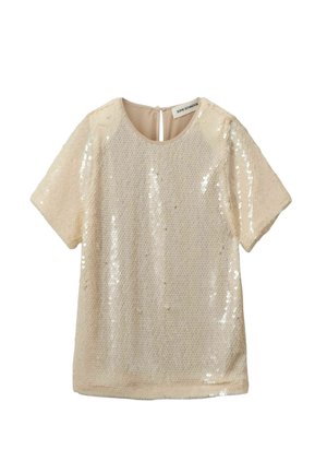 Īsām piedurknēm bēša topa, pārklāta ar spīdīgām pailletēm, ar apaļu kakla izgriezumu un nelielu atslēgas caurumu mugurpusē.