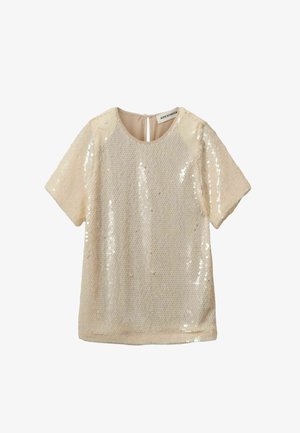 Bež top kratkih rukava prekriven sjajnim šljokicama s okruglim izrezom i malim prorezom na stražnjoj strani.