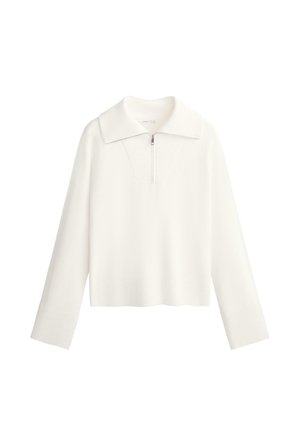 White pullover top made from soft material, featuring a large collar, quarter zip, long sleeves, and a ribbed texture.