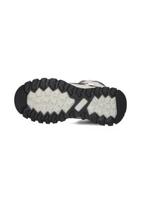Buitenschoenzool met diepe, robuuste ribbels in zwart en lichtgrijs rubber. Voorzien van een gestructureerd oppervlak voor grip en stabiliteit.