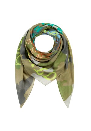 Green, gray, and brown camouflage scarf with abstract colorful letters and symbols printed, folded in a loose loop with pointed ends.