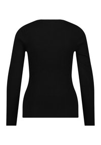 Svart ribbad långärmad topp med rund halsringning och figurnära silhuett, som visar upp ett strukturerat tyg.
