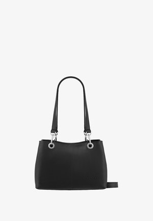Sac à main en cuir noir texturé avec deux longues anses, anneaux en métal argenté reliant les anses, et nom de marque subtilement embossé à l'avant.