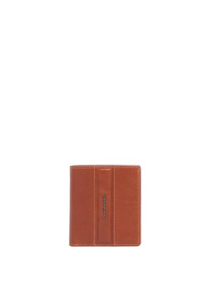 Brown leather wallet with vertical stitched strap and metallic logo on the front center, set against a white background.