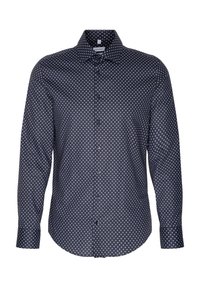 Chemise à manches longues en tissu bleu marine foncé avec un motif en losanges blancs, devant à boutons, et col classique. Texture lisse et coupe ajustée.