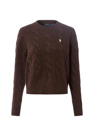 Brązowy sweter z dzianiny żakardowej z okrągłym dekoltem, długimi rękawami i ribbowanym wykończeniem. Posiada niewielkie haftowane logo na klatce piersiowej.