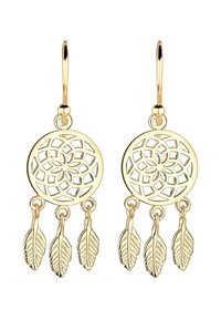 Guldmetallörhängen med en cirkulär drömfångardesign med intrikata utskärningar och tre hängande bladdetaljer nedanför.