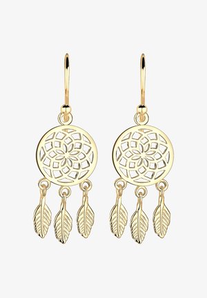 Guldmetalløreringe med et cirkulært drømmefangerdesign med avancerede udskæringer og tre hængende blade under.