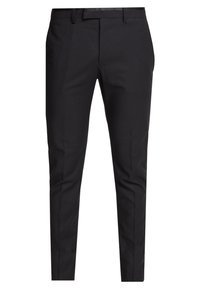 Svarta skräddarsydda slim-fit herrbyxor med bältesöglor och framfållningar, avbildade mot vit bakgrund.