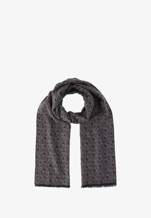 Écharpe gris foncé avec un motif de texte gris clair répété indiquant "JOOP! JEANS" en majuscules, présentée pliée en boucle avec des bords frangés.