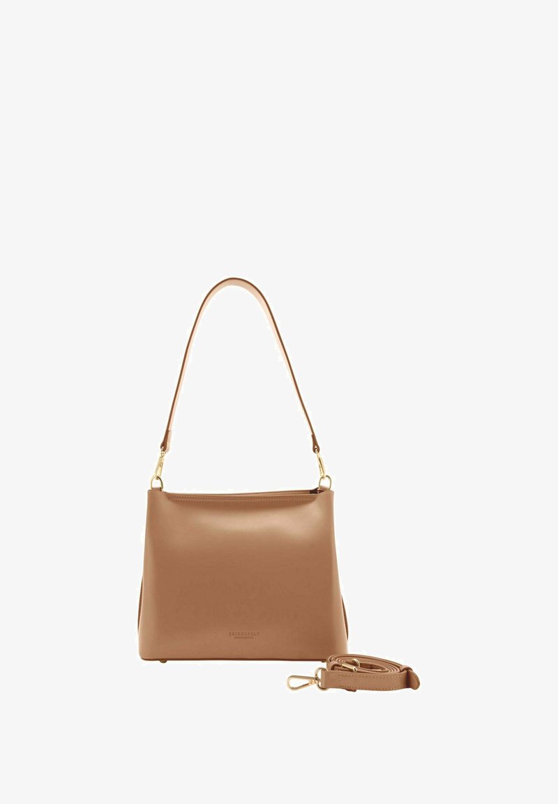 Light brown leather shoulder bag with a detachable strap, gold hardware, and a minimalist design on a white background.