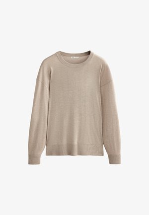 Beige Langarmpullover mit rundem Halsausschnitt sowie gerippten Bündchen und Saum. Weiche Textur und lockere Passform mit überschnittenen Schultern.