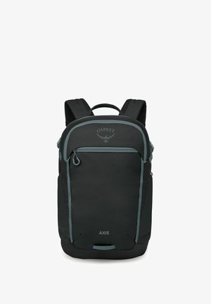 Zaino Black Osprey Axis con accenti grigi, spallacci imbottiti, maniglia superiore, tasca frontale con cerniera e cinghie di compressione laterali.
