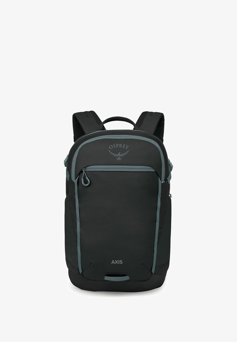 Sac à dos Osprey Axis noir avec accents gris, bretelles rembourrées, poignée supérieure, poche avant zippée et sangles de compression latérales.