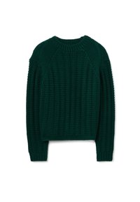 Dark green chunky knit sweater with long sleeves and ribbed collar, cuffs, and hem, laid flat on a white background.