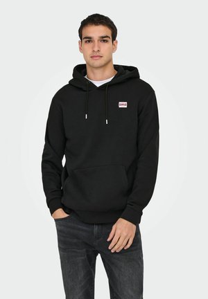 Black hooded sweatshirt with a kangaroo pocket, drawstrings, and a small logo patch on the chest. Soft fabric, regular fit, ribbed cuffs.