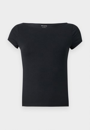 Top noir cintré pour femmes à manches courtes avec un large décolleté arrondi, fabriqué par Hollister, présenté sur un fond blanc uni.
