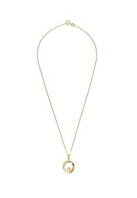 Goldkette mit runder Anhänger, der eine geschwungene Reihe kleiner Diamanten und einen einzelnen Diamanten zeigt, der darin schwebt.