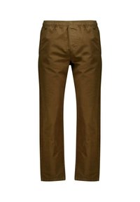 Pantalon en coton marron avec une taille élastique, coupe droite et sans poches visibles. Texture lisse avec une finition mate.