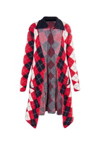 Fleece kardigan s kombinací vzorů argyle v červené, námořnické modré a bílé barvě. Obsahuje límec, otevřený přední díl a dvě přední kapsy.