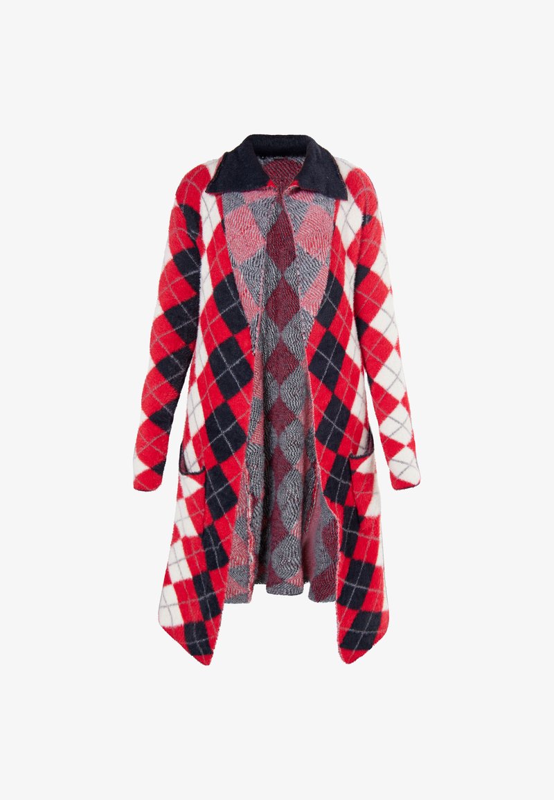 Flišo kardiganas su raudonų, jūrinės laivybos ir baltų argyle raštų mišiniu. Yra apykaklė, atvira priekyje ir dvi priekinės kišenės.