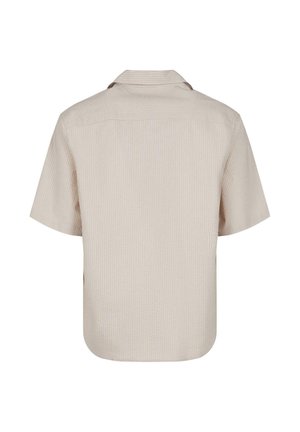 Cămașă bej cu mâneci scurte, dungi verticale subtile, tiv drept și guler clasic, văzută din spate.