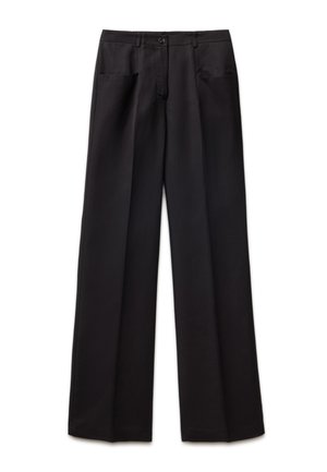 Pantalon noir à jambe droite avec poches avant, taille avec bouton, fermeture à bouton et passants de ceinture, présenté sur fond blanc.