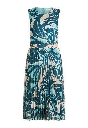 Ärmelloses Kleid in Teal und Creme mit einem Blattmuster, das einen plissierten Rock und einen Reißverschluss im Rücken hat.