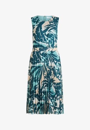 Mouwloze jurk in teal en cream met een bladdessin, voorzien van een geplooide rok en een rits aan de achterkant.