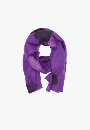 Sciarpa viola realizzata in morbido tessuto, con motivi astratti in nero e rosa. Ha una finitura testurizzata e bordi frangiati.
