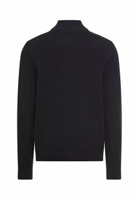 Schwarzer Strickpullover mit hohem Kragen, einem strukturierten Muster, langen Ärmeln sowie gerippten Bündchen und Saum. Nur Rückansicht.