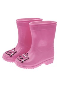 Bottes de pluie en caoutchouc rose avec des semelles texturées et un imprimé de personnage de dessin animé sur les orteils. Fini lisse, hauteur mi-mollet, sans détails en métal.