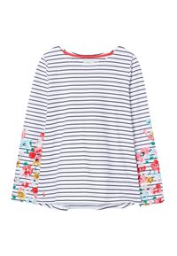 Långärmad topp med vit bas och marinblå ränder samt blommiga accenter i rosa, gult och blått på ärmarna. Rundad halsringning.