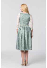 Mintgrünes Kleid mit einem strukturierten Blumenmuster, taillierter Oberteil, plissierter Rock und transparenten Spitzen-Dreiviertelärmeln. Rückansicht gezeigt.