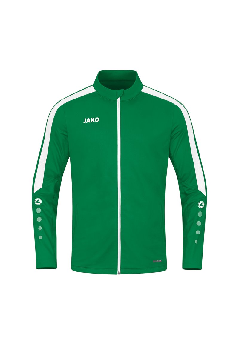 Groene sportjas met een hoge kraag, ritssluiting aan de voorkant, witte zijstrepen en knoopaccenten op de mouwen. Gemaakt van een glad, synthetisch materiaal.