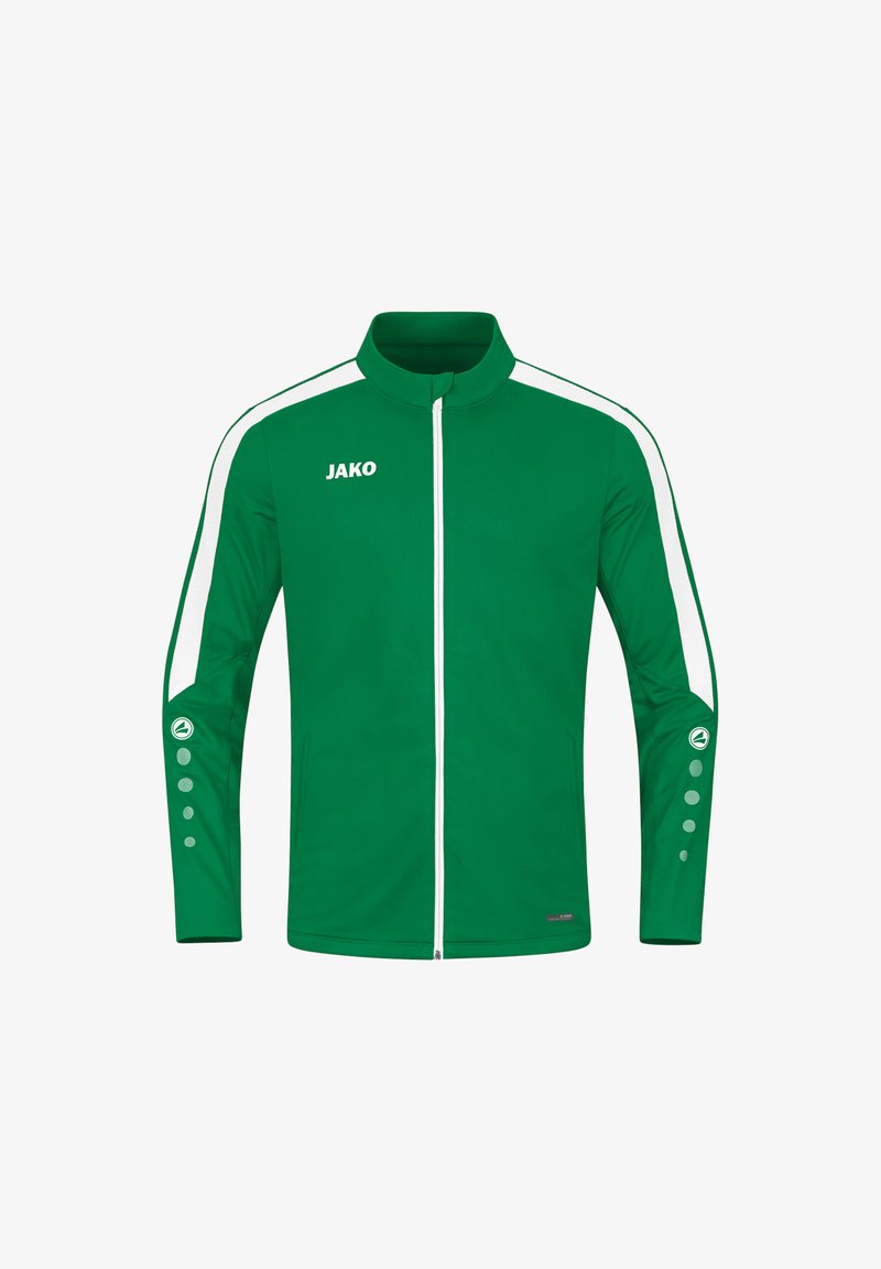 Grüne Sportjacke mit hohem Kragen, Reißverschluss vorne, weißen seitlichen Streifen und Knopfakzenten an den Ärmeln. Hergestellt aus einem glatten, synthetischen Material.