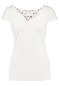 Biała koszulka z krótkim rękawem, z dekoltem w serek i kwiecistą koronką z tyłu. Wykonana z miękkiego, lekkiego materiału dla komfortu.