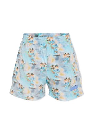 Shorts de bain bleu clair avec motif de palmiers et coucher de soleil, taille élastique et petite étiquette logo rectangulaire sur la jambe droite avant.
