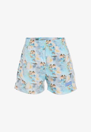 Costume da bagno azzurro chiaro con motivo di palme e tramonto, vita elasticizzata e piccola toppa rettangolare con logo sulla gamba anteriore destra.