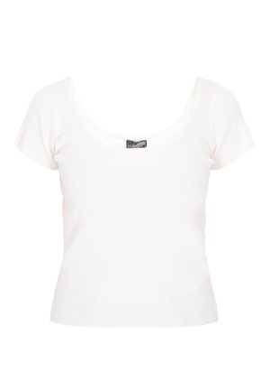 Wit geribbeld topje met korte mouwen en een ronde halslijn. De stof is glad met een aansluitend silhouet en minimale naden. Zwart merkembleem aan de binnenkant.