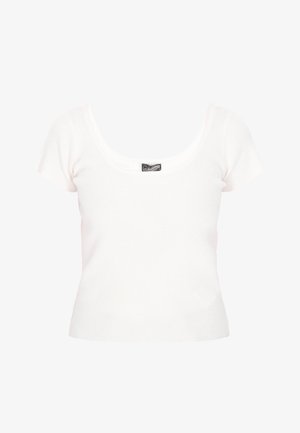 Wit geribbeld topje met korte mouwen en een ronde halslijn. De stof is glad met een aansluitend silhouet en minimale naden. Zwart merkembleem aan de binnenkant.