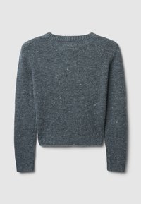 Maglione grigio a maglia con un motivo testurizzato, dotato di scollatura a girocollo e polsini a coste. Taglio più corto con dettagli screziati su tutta la superficie.