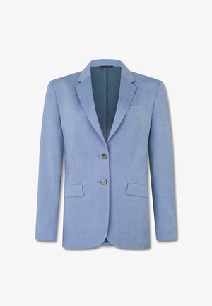 Lichtblauw getailleerd colbert met inkeping in de revers, twee klepzakken aan de voorkant, borstzak met bies en sluiting met twee knopen.
