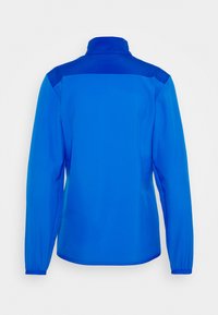 Blue jacket with long sleeves, high collar, smooth fabric, and contrasting shoulder panels. Rear view shows a sleek, streamlined design.