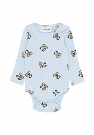 Jasnoniebieskie, prążkowane body dla niemowląt z długim rękawem, ozdobione rozproszonymi nadrukami niedźwiadków oraz zatrzaskami na ramieniu i u dołu, ułatwiającymi ubieranie.